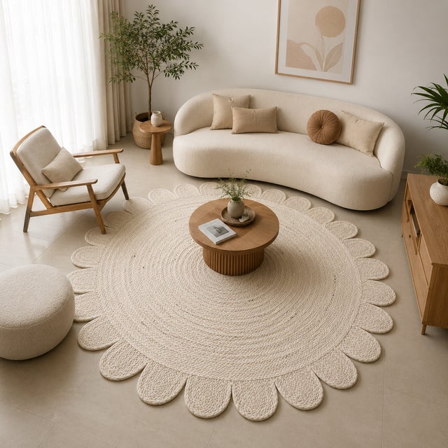 Boho Chic Solid White Scallop Round Jute Rug 4x4Ft. For Sale - Image 3 of 3