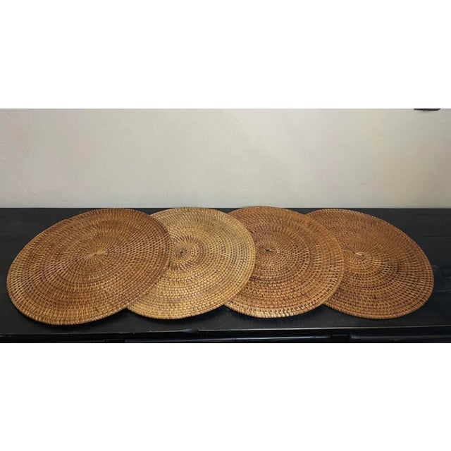 Contemporary Mid 20th Century Set of 4 Coiled Reed Rattan Placemats 16” Round For Sale - Image 3 of 10