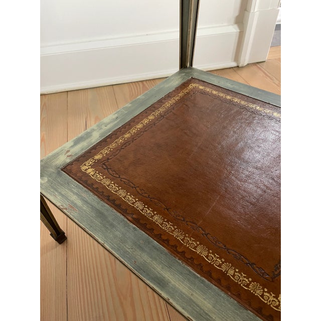 Green 1990s Vintage French Empire Distressed Green Patina and Leather Tooled Inset Side Table For Sale - Image 8 of 9