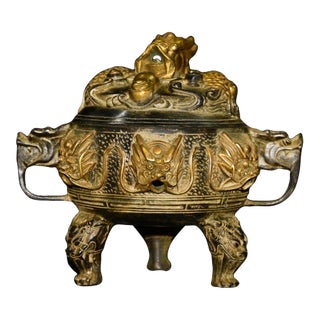 Ornate Bronze Dragon Censer - Chinese Style Incense Burner With Foo Dog Lid For Sale