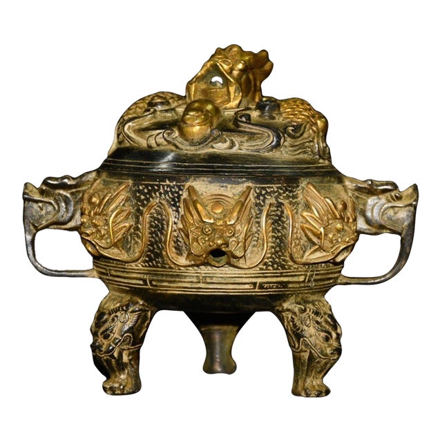 Ornate Bronze Dragon Censer - Chinese Style Incense Burner With Foo Dog Lid For Sale