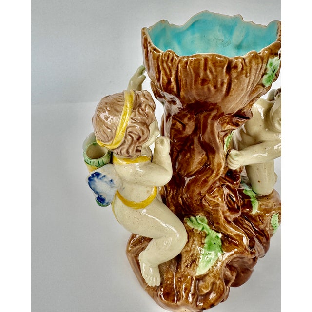 Ceramic English Majolica Putti Spill Vase, Faux Bois, 19th Century For Sale - Image 7 of 14
