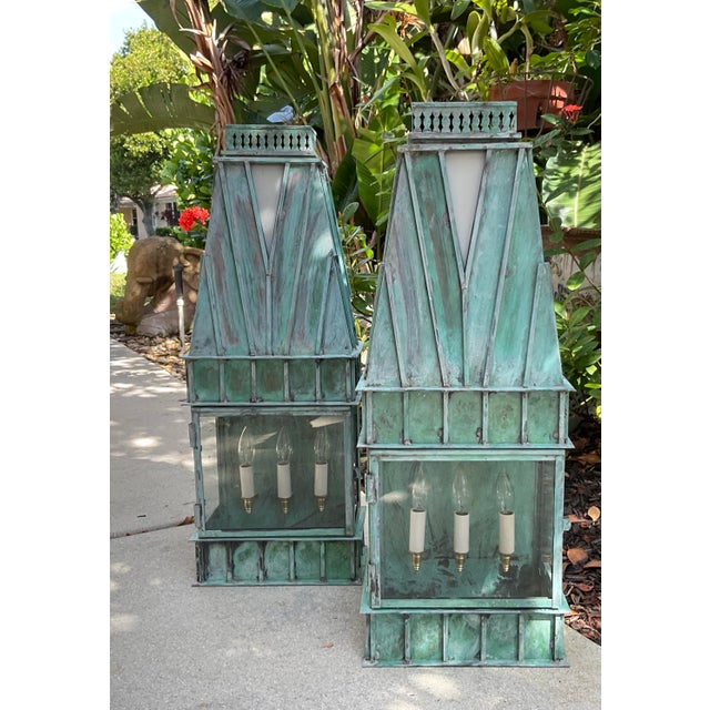 1970s Pair of Monumental Art Deco Style Verdigris Copper & Brass Wall Lanterns For Sale - Image 5 of 16