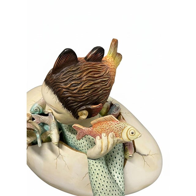 Ceramic 1980s Large Whimsical Sergio Bustamante "Egg With Fish" “Fish Boy” Hand-Painted Surrealist Sculpture For Sale - Image 7 of 9