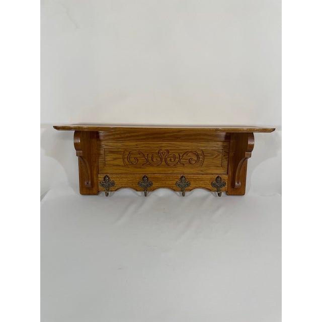 1960s Vintage French Tiger Oak 27" Wall Shelf Coat and Hat Rack For Sale - Image 5 of 17