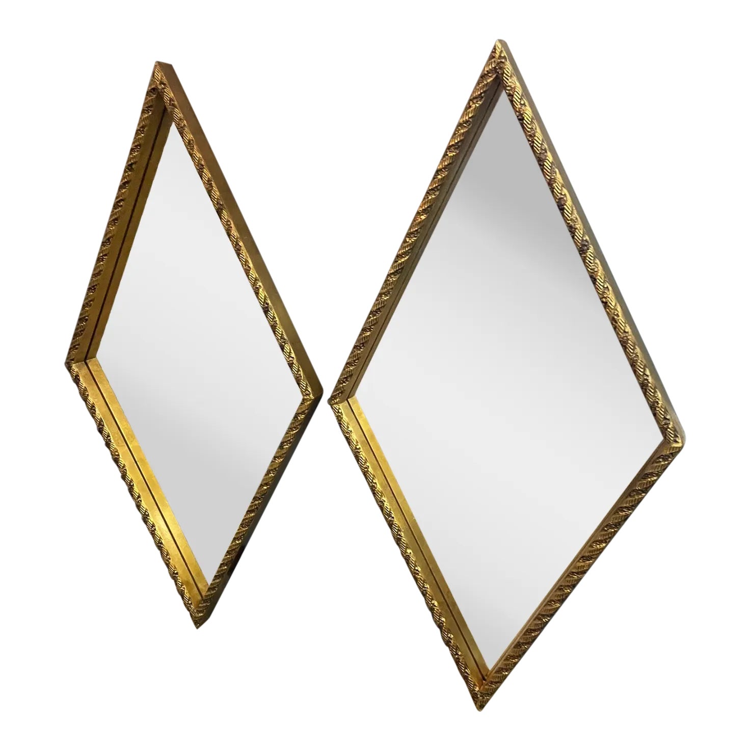 Vintage Pair of Solid Giltwood Substantial Diamond Shaped Wall Mirrors