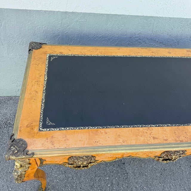 Vintage Louis the Xv Style Leather Top Burlwood and Brass Writing Desk For Sale - Image 4 of 12