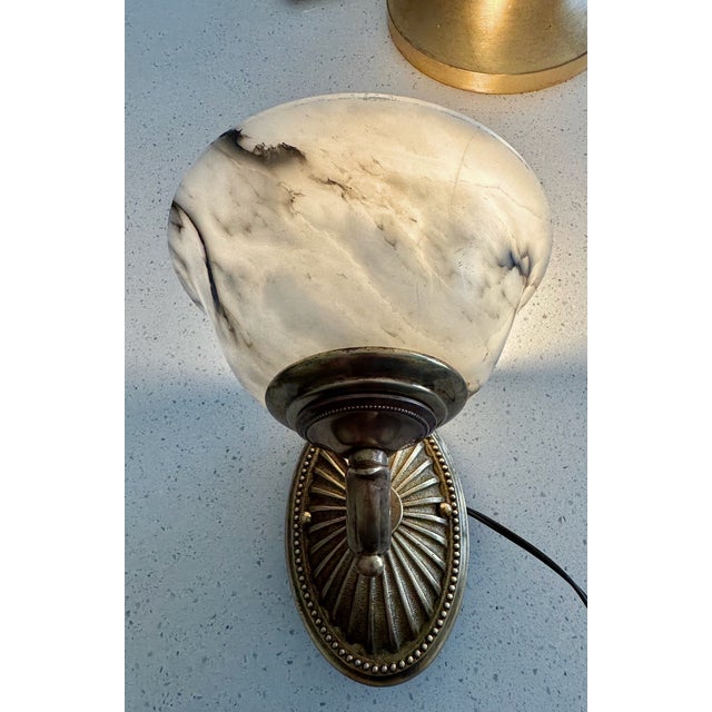 Alabaster Pair Brass Alabaster Sunburst Wall Sconces For Sale - Image 8 of 18