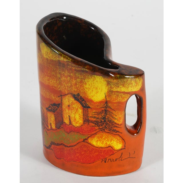 This is a Romulo Remus Verzolini Questa Maiolica red ceramic vase from Italy, featuring a signed mid-century design.