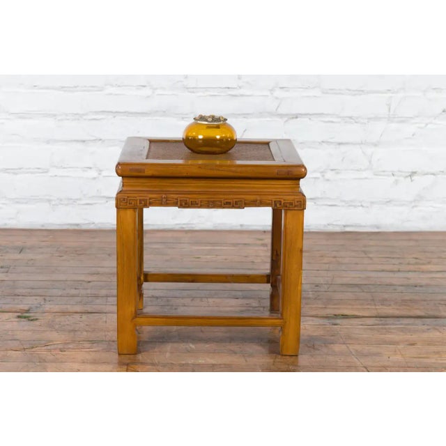 Wood Chinese Early 20th Century Side Table with Carved Apron and Woven Rattan Top For Sale - Image 7 of 13