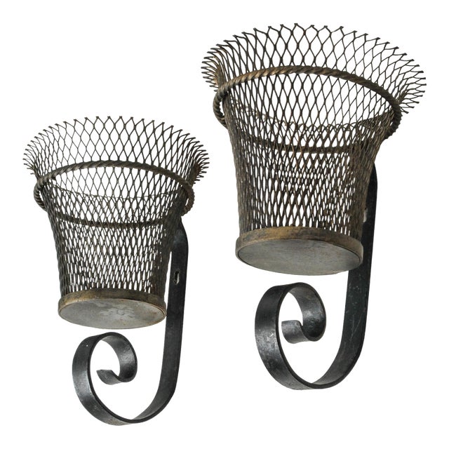 Antique French Wire Basket Wall Mount Cachepot Pair For Sale