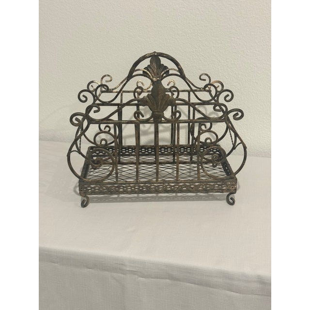 Slate Gray Vintage Fleur De Lis French-New Orleans-Victorian Style Iron Magazine Rack Caddy For Sale - Image 8 of 10