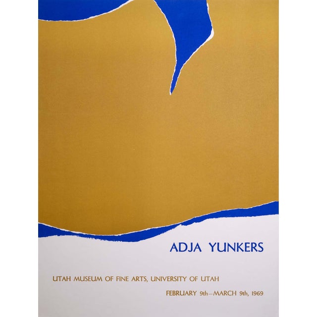 A modern lithographic exhibition poster on paper promoting Adja Yunkers at Utah Museum of Fine Art, 1969. An abstracted...