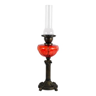 Antique Victorian Ruby Red Floral Glass Oil Lamp, Electrified Vintage Table Lamp For Sale