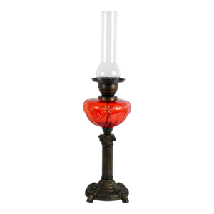 Antique Victorian Ruby Red Floral Glass Oil Lamp, Electrified Vintage Table Lamp