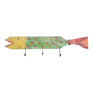 Hand-Painted Folk Art Fish Wall Towel Rack With Metal Hooks For Sale