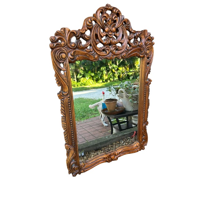 French Vintage French Rocco Style Hand Carved Wood Wall Mirror For Sale - Image 3 of 11