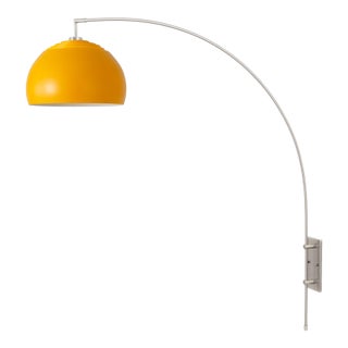 1960s Morelli Half Dome Wall Sconce - Modern Arc Wall Lamp, Mustard Steel Shade, Satin Nickel, Foot Slide Dimmer For Sale