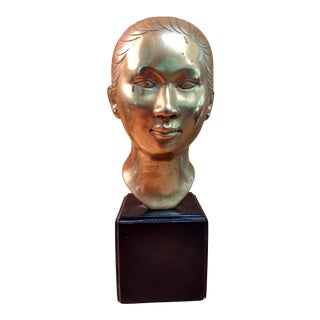 1950s Nguyen Thanh Le Brass Sculpture of Young Woman Woman For Sale