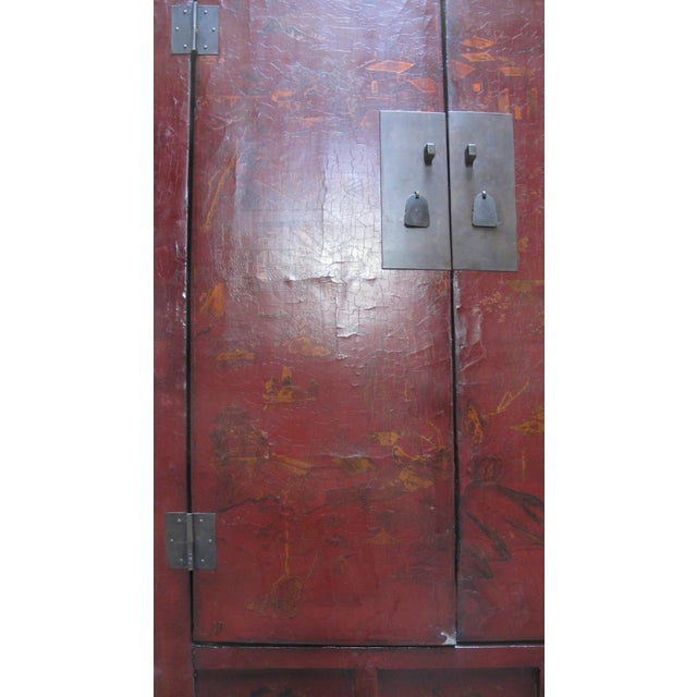Red 80" Inch High Chinoiserie-Style Red Elm Armoire For Sale - Image 8 of 12