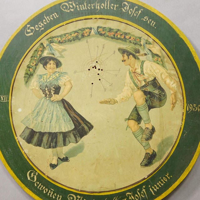 Rustic European Antique Honor Target With Bavarian Dancing Couple, Germany 1930 For Sale - Image 3 of 8