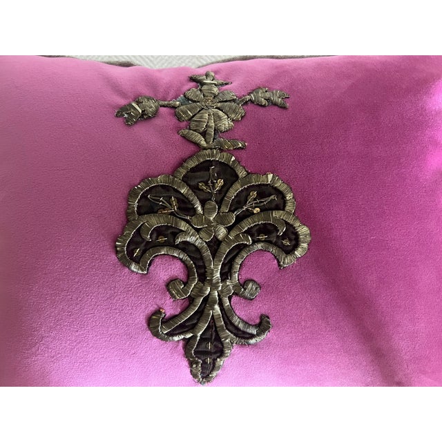 Textile Mid 19th Century Italian Hand Embroidery With Metal Gold Wire on Magenta Velvet For Sale - Image 7 of 7