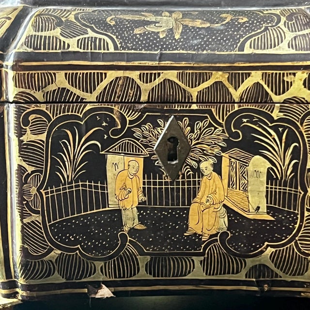 Antique chinoiserie-painted wood tea caddy with tins inside // chippy finish // lacquer // gold and black // scenic box with paw feet For Sale - Image 18 of 18