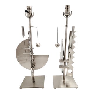 1990s George Kovacs for Miller Knoll Memphis Style Steel Geometric Table Lamps - a Pair For Sale