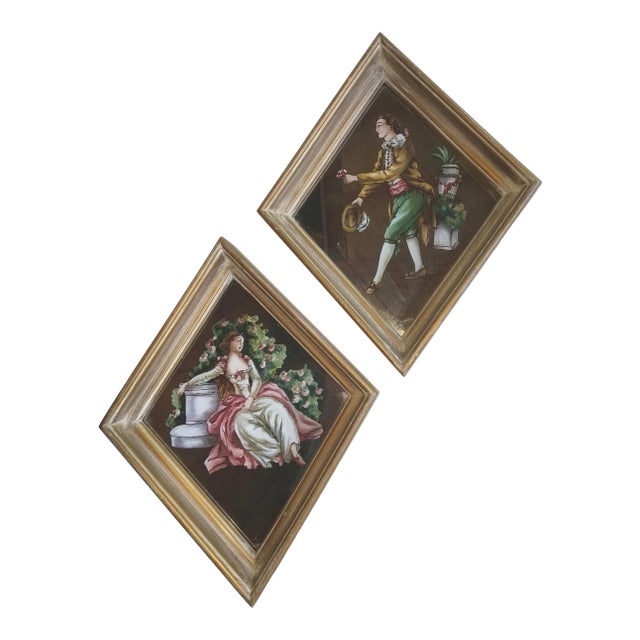1950s Hand Painted Eglomise Pictures, a Lady and a Gentleman, Framed - a Pair For Sale