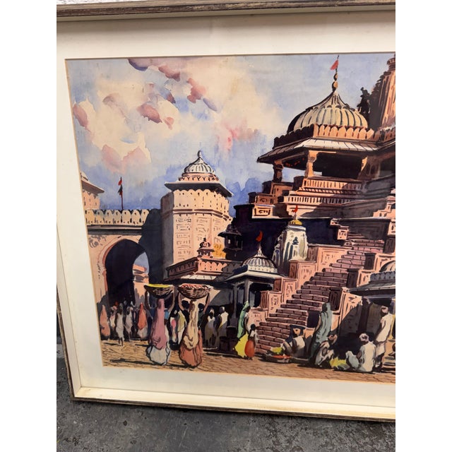 Blue Siva Temple + Bundi Gate Original Watercolor Painting, Framed For Sale - Image 8 of 12