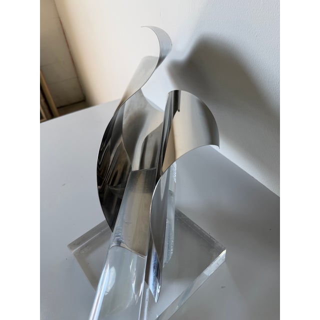 Metal Dan Murphy Mirror Finish Stainless Steel and Lucite Abstract Sculpture, Signed For Sale - Image 7 of 12