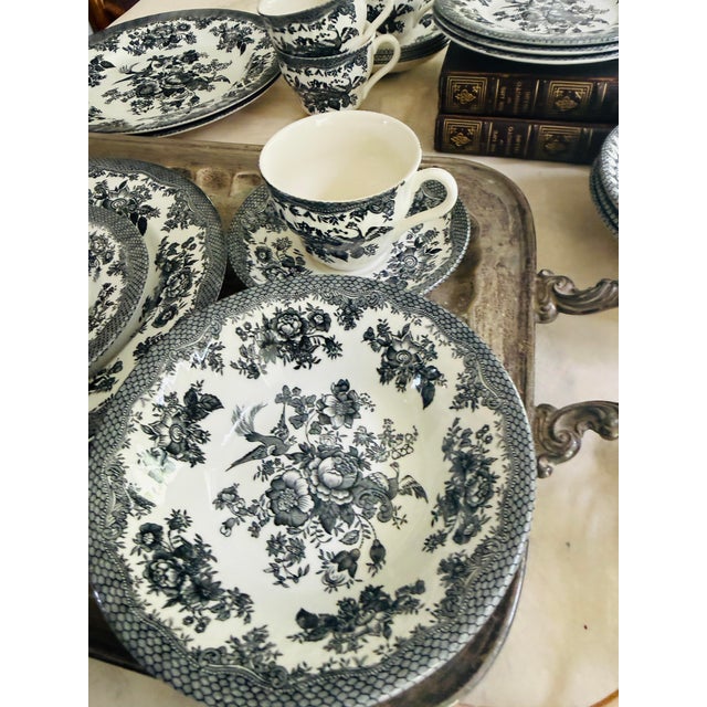 1980s Set of Nineteen (19) Barratts England Black Transferware Dinnerware Set, Asiatic Pheasant Style, Dinner Plates Bowls Teacups Saucers For Sale - Image 9 of 12