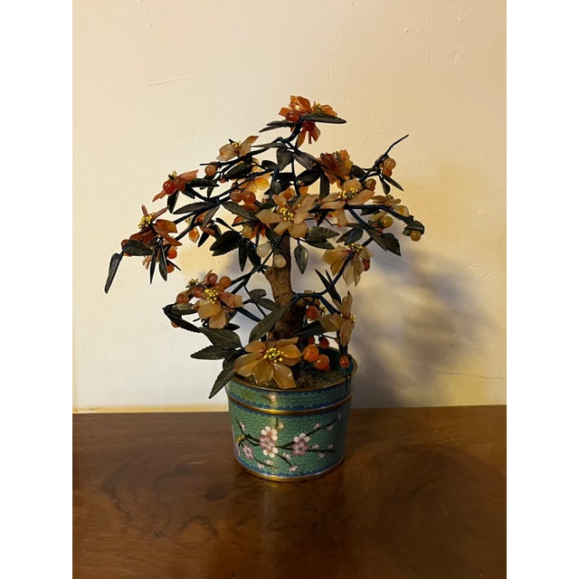 Early 20th Century Antique Early 20th Century Chinese Hardstone & Jade Bonsai Tree in Cloisonné Enamel Flower Pot For Sale - Image 5 of 12