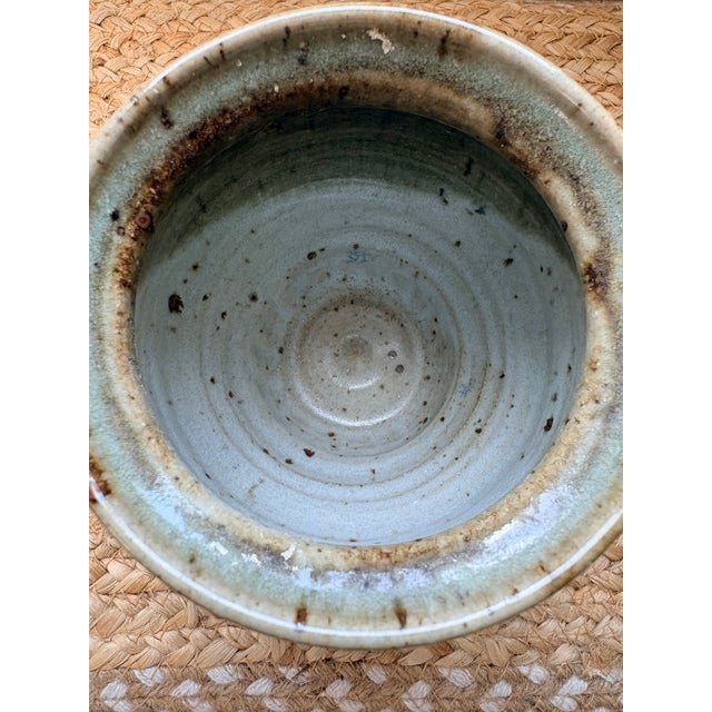 Metal Vintage Art Christensen Signed Studio Art Pottery Utensil Crock - Earthy Celadon & Iron Brushwork For Sale - Image 7 of 10