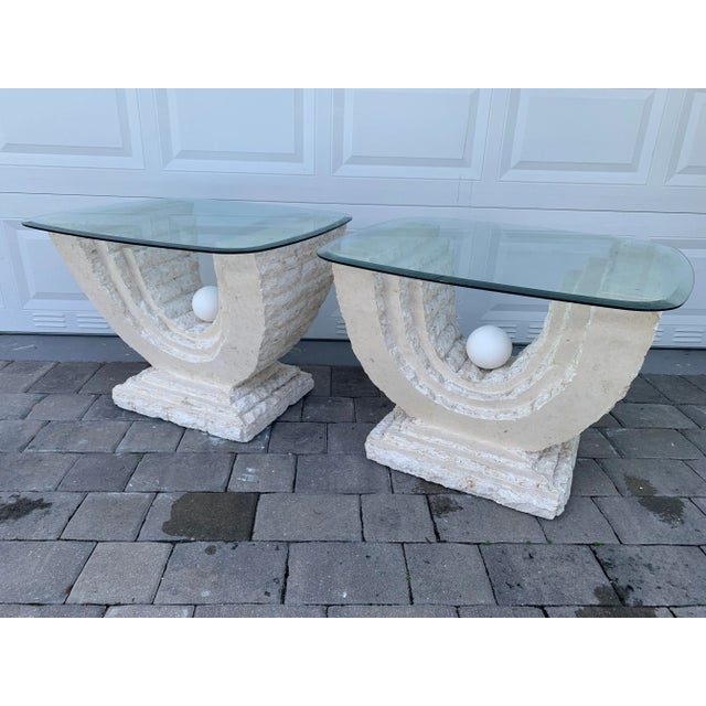 Fabulous pair of vintage postmodern tessellated Mactan stone/travertine side tables. Great organic shape and aesthetic....