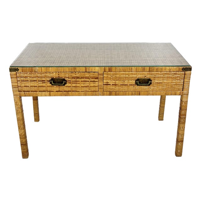 Vintage Woven Caning Wrapped Rattan Campaign Console Table For Sale