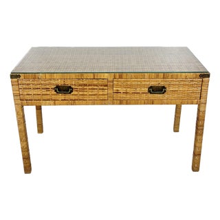 Vintage Woven Caning Wrapped Rattan Campaign Console Table Desk For Sale