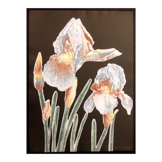 Catherine O'Connor "Iris Odyssey II (Black)" Hand Signed Etching Floral Artwork For Sale