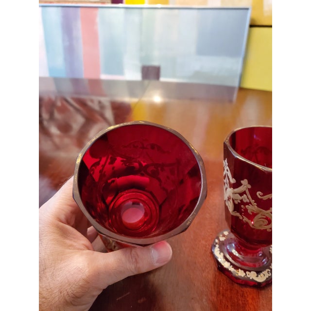Ruby Red Antique Bohemian Glass Moser Ruby Goblets- a Pair For Sale - Image 8 of 10