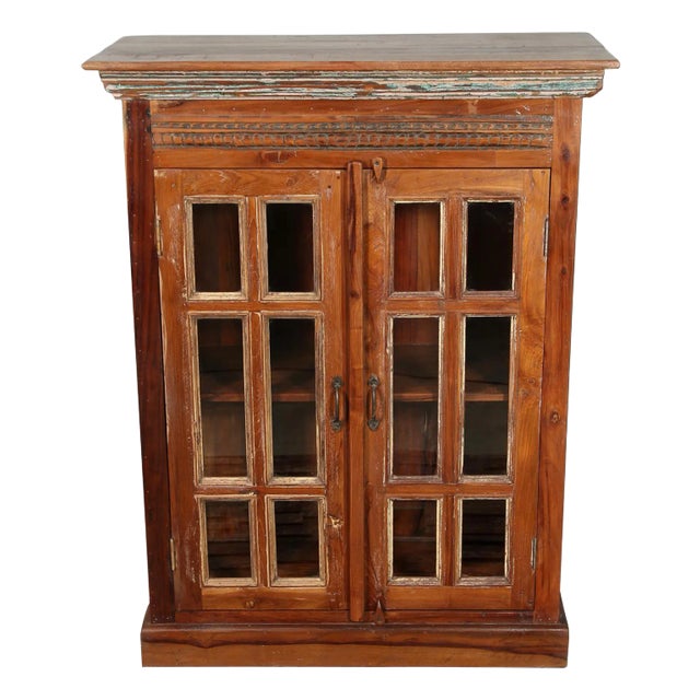 Solid Reclaimed Teak Wood Cabinet With Glass-Fronted Doors & Decorative Moldings For Sale