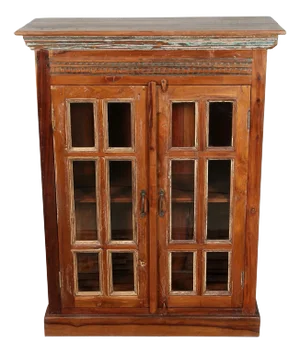 Solid Reclaimed Teak Wood Cabinet With Glass-Fronted Doors & Decorative Moldings