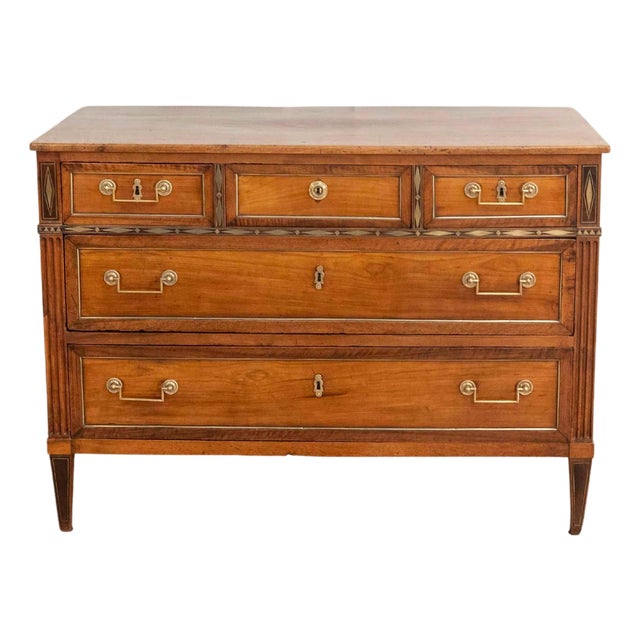 Louis XVI Walnut Chest of Drawers with Brass Inlay, France, Late 18th Century For Sale