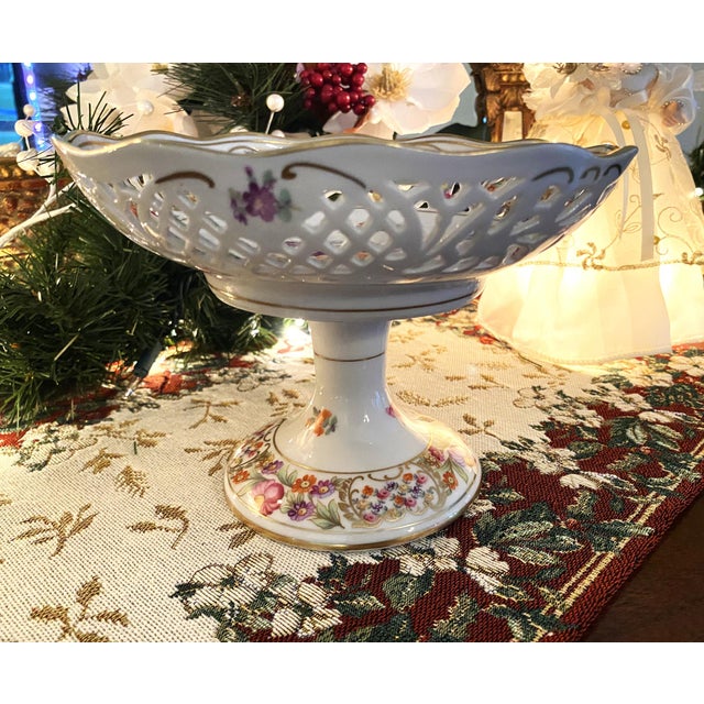 1950's Schumann Germany, Pedestal Reticulated Compote, Chateau Pattern, Dresden Flowers Porcelain Decorative FootedBowl For Sale - Image 11 of 18