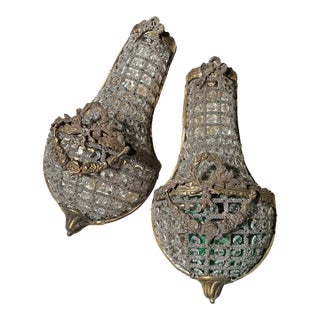 Vintage Gold Metal and Crystal Small Basket Style Wall Sconces - a Pair For Sale