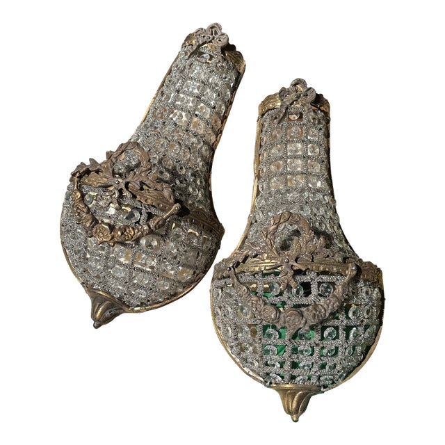 Vintage Gold Metal and Crystal Small Basket Style Wall Sconces - a Pair For Sale