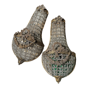 Vintage Gold Metal and Crystal Small Basket Style Wall Sconces - a Pair