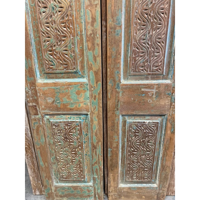1920s Antique Hand-Carved Double Wooden Doors – Distressed Green Rustic Barn Doors 80 For Sale - Image 5 of 8