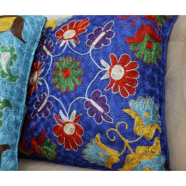 16"x16" Silk Embroidery Cushion Cover. Blue Pillowcase. Needlework Lace Pillow For Sale - Image 4 of 6
