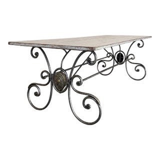 Mid-Century French Painted Oak and Wrought Iron Dining Table For Sale