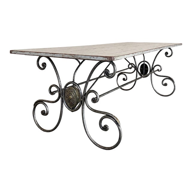Mid-Century French Painted Oak and Wrought Iron Dining Table For Sale